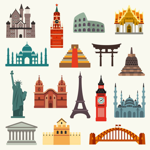 World travel landmarks vector illustration set Famous travel destination landmarks vector set international landmark stock illustrations