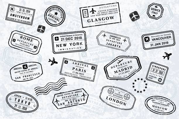 ilustrações, clipart, desenhos animados e ícones de selos de passaporte de viagem mundial - passport