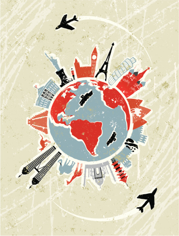 World Travel! A stylized vector cartoon of the earth surrounded by Famous Landmarks,reminiscent of an old screen print poster and suggesting travel, tourism, and Globe trotting. Globe, skyline, Boats, planes, paper texture and background are on different layers for easy editing. Please note: clipping paths have been used, an eps version is included without the path.