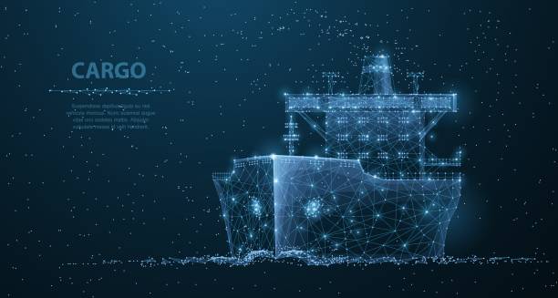 Worldwide cargo ship. Polygonal wireframe mesh art looks like constellation on dark blue night sky with dots and stars. Transportation, logistic, shipping concept illustration or background container ship stock illustrations