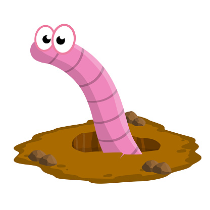 Worm in hole. Cute little character. Brown landscape. Children flat drawing.