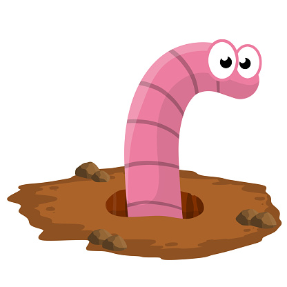Worm in hole. Cute little character. Brown landscape. Children's flat drawing. Pink insect in nature