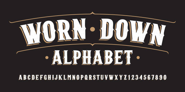 Worn Down alphabet font. Hand written letters and numbers. vector art illustration