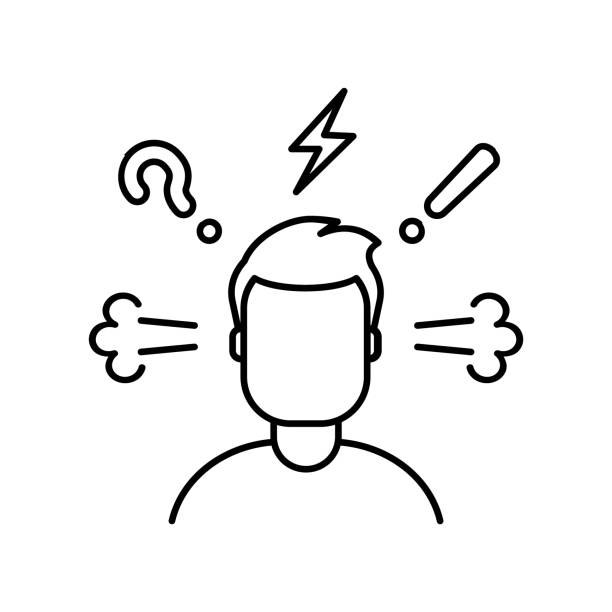 Worried, confused, stressed, angry man line icon. Man's face with question mark, thunder bolt, exclamation sign. Negative thinking. Aggressive client in bad mood. Vector illustration, flat, clip art. angry face stock illustrations