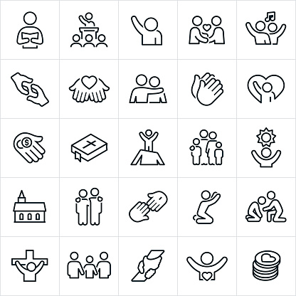 Christian worship icons. The icons include symbols of faith, prayer, a preacher, pastor, sermon, praise, fellowship, singing, music, outstretched hand, rescue, saving, reaching out, love, arm around shoulder, tithing, tithes, money, bible, family, hope, church and assistance to name a few. vector