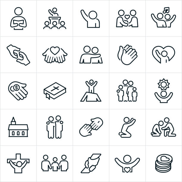 Christian worship icons. The icons include symbols of faith, prayer, a preacher, pastor, sermon, praise, fellowship, singing, music, outstretched hand, rescue, saving, reaching out, love, arm around shoulder, tithing, tithes, money, bible, family, hope, church and assistance to name a few.