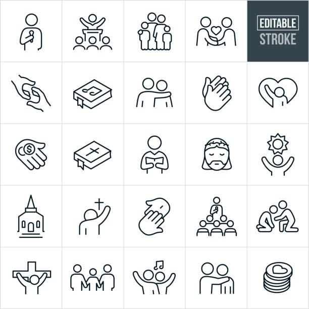 Worship Thin Line Icons - Editable Stroke A set of worship icons that include editable strokes or outlines using the EPS vector file. The icons include a pastor giving sermon, a religious leader giving sermon to a congregation, family of four, handshake, two hands reaching out to one another, hymnal, person with arm around the shoulder of another person, two hands together in prayer, downtrodden person, sad person, hand with coins to pay tithing, bible, choir director, Jesus Christ, hope, church building, people worshiping, person teaching Sunday school, person helping a depressed person, Christ on the cross, Crucifixion, family holding hands, people singing and other related icons. church stock illustrations