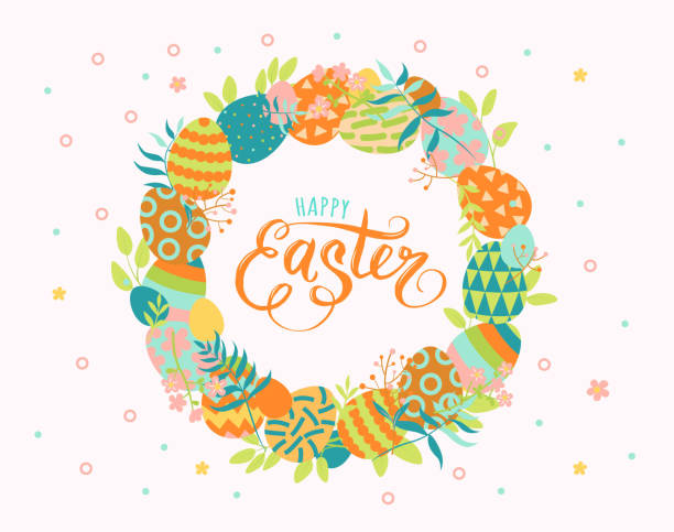 A wreath of painted Easter eggs and spring branches, lettering inside - Happy Easter. A wreath of painted Easter eggs and spring branches, lettering inside - Happy Easter. easter sunday stock illustrations