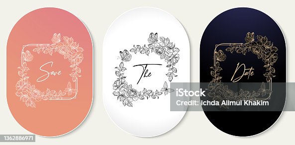 istock wreath rectangle frame with flower rose and butterfly vector isolated background applicable for greeting cards, wedding invitation, initial name on your card label, letterpress and screen printing 1362886971