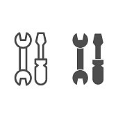 istock Wrench and screwdriver line and solid icon, house repair concept, tools sign on white background, wrench and screwdriver icon in outline style for mobile concept and web design. Vector graphics. 1264196976
