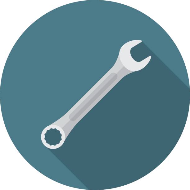 Wrench circle icon with long shadow. Flat design style. Wrench circle icon with long shadow. Flat design style. Wrench simple silhouette. Modern, minimalist, round icon in stylish colors. Web site page and mobile app design vector element. wrench stock illustrations