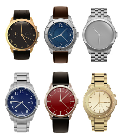 Wristwatches. Realistic luxury silver and golden men watches with modern steel bracelets fashion vector collection