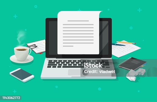 istock Writer workplace and computer paper sheet vector illustration, flat cartoon 3d copywriter workspace table creating electronic text book top view, writing letter or journal via laptop, journalism idea 1143062772