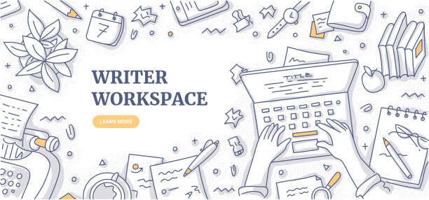 Writer Workspace Doodle Background Concept Writer, editor, journalist or copywriter workspace. Hands of man who types text on laptop. Creative desktop top view. Typewriter, papers, diary, coffee mug, crumpled paper. Flat lay doodle illustration writing activity backgrounds stock illustrations