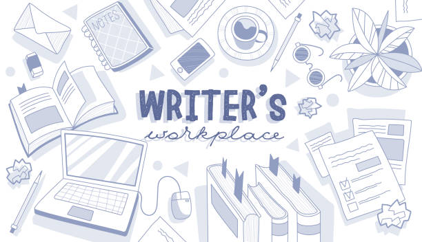 Writer's workplace concept with centre text Writers, journalists, copywriters or freelancers workplace concept with centre text surrounded by books, laptop, notebooks, letters, and a potted plant, colored vector illustration writing activity backgrounds stock illustrations