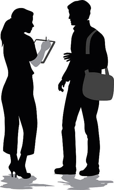 Writing Down The Details A vector silhouette illustration of a young woman writing down what a young man is saying to her.  She writes on a clipboard with the young man gesturing and wearing a shoulder bag. writing activity silhouettes stock illustrations