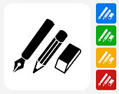Writing Utensils Icon. This 100% royalty free vector illustration features the main icon pictured in black inside a white square. The alternative color options in blue, green, yellow and red are on the right of the icon and are arranged in a vertical column.