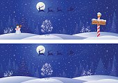 Vector illustration of Santa sleigh above snowy night woods. RGB colors.