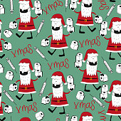 Xmas seamless pattern - Santa Claus in face mask, with toilet papers, and vaccine. Good for wrapping paper, textile print, wall paper, poster, card or decoration.