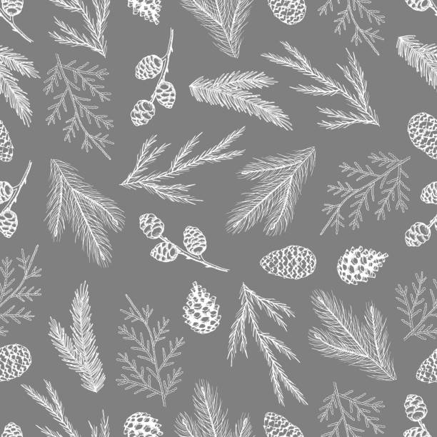 Xmas Seamless pattern with Christmas Tree Decorations, Pine Branches hand drawn art design vector illustration. Xmas Seamless pattern with Christmas Tree Decorations, Pine Branches hand drawn art design vector illustration christmas music background stock illustrations