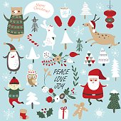 Christmas cards with cute Santa Claus, bear in knitted jumper, trees, flowers, cup of hot chocolate, mittens, snowflakes and christmas toys, penguine in winter cap, elf, christmas crackers and forest animals  in cartoon style