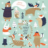 Christmas set with cute forest animals in cartoon style