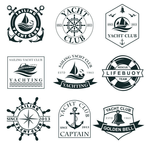 yacht club label set collection of yacht club labels with sea waves, anchor, helm and lifebuoy isolated on white background river silhouettes stock illustrations