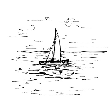 Yacht floating on the sea waves. Vector vintage hatching illustration. Isolated on white