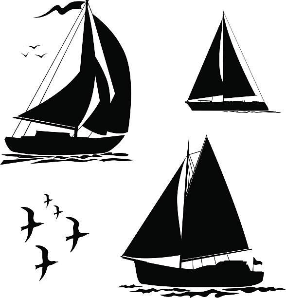 yacht, segelboote und möwenset - segelschiff stock-grafiken, -clipart, -cartoons und -symbole