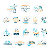 Collection of colored emblems for yacht club isolated on white background. Can be used for posters, banners or t shirts. Vector illustration