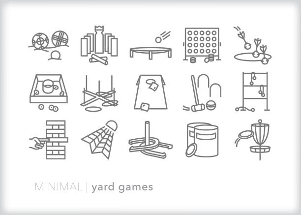 Yard games icons Set of yard game icons for a backyard party with family or friends frisbee stock illustrations
