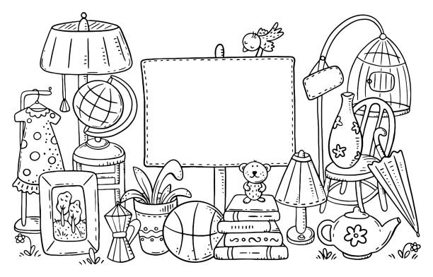 Yard or garage sale of used stuff with a blank frame Yard or garage sale of used stuff with a blank frame, coloring page illustration second hand sale stock illustrations