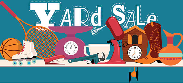Yard Sale Banner Yard sale banner with assorted household and sport  items lying on a table, EPS 8 vector illustration, no transparencies  second hand sale stock illustrations