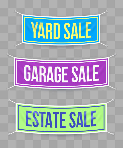 Yard Sale Garage Sale Estate Sale Hanging Banners Garage sale, yard sale and estate sale hanging banners for discount offer and sale offers. second hand sale stock illustrations