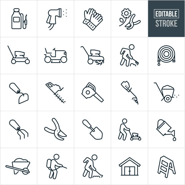Yard Tools Thin Line Icons - Editable Stroke A set of yard tool icons that include editable strokes or outlines using the EPS vector file. The icons include a tank sprayer, spray nozzle, gardening gloves, pruning shears, lawn mower, riding lawnmower, tiller, person raking, garden hose, hoe, shrub trimmer, leaf blower, grass trimmer, fertilizer spreader, garden shovel, person pushing a lawnmower, person using a hoe, person using a tank sprayer, watering can, wheel barrow, shed and ladder. gardening icons stock illustrations