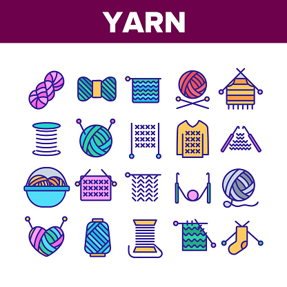 Yarn Ball For Knitting Collection Icons Set Vector Thin Line. Yarn In Bucket And Needles, Threads And Hooks, Sweater And Sock, Concept Linear Pictograms. Color Contour Illustrations