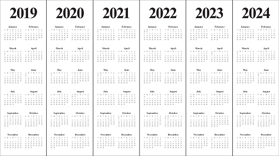 Year 2019 2020 2021 2022 2023 2024 Calendar Vector Design Template ...