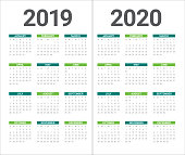 Year 2019 2020 calendar vector design template, simple and clean design