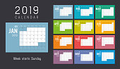Year 2019 colorful calendar, weeks start Sunday - Vector template.