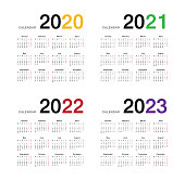 Year 2020 and Year 2021 and Year 2022 and Year 2023 calendar vector design template, simple and clean design for organization and business. Week Starts Monday