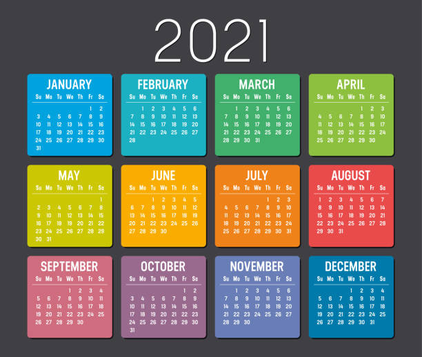 Year 2021 calendar vector template Colorful year 2021 calendar isolated on black background. Vector Template. annual event stock illustrations