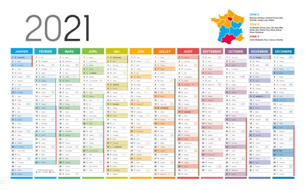 Year 2021 French calendar Year 2021 colorful wall calendar, in French language, on white background. Vector template french language stock illustrations
