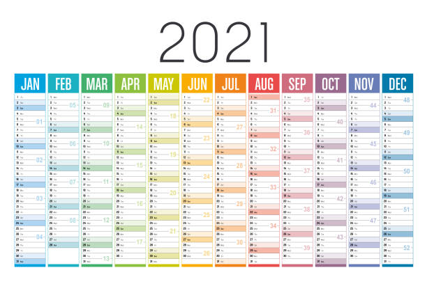 Year 2021 one page colorful calendar Year 2021 one page colorful calendar, on white background. Vector template. annual event stock illustrations