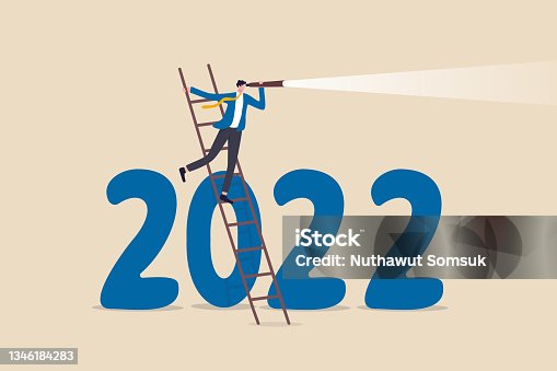 istock Year 2022 economic outlook, forecast or visionary to see future ahead, challenge and business opportunity concept, smart businessman climb up ladder to see through telescope on year 2022 number. 1346184283