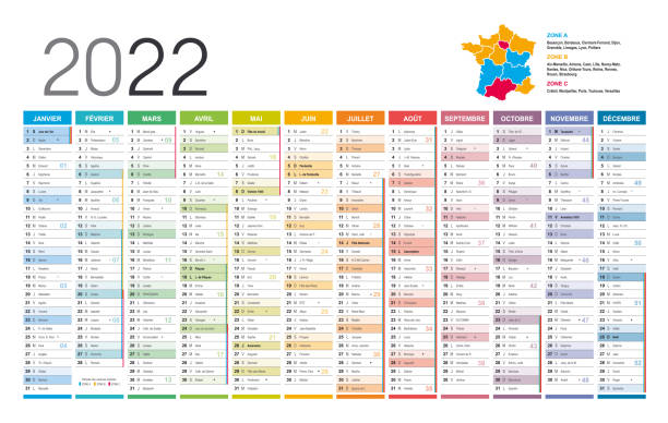 Year 2022 French calendar Year 2022 colorful wall calendar, in French language, on white background. Vector template french language stock illustrations