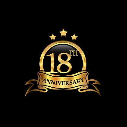 18 year anniversary celebration. Anniversary classic elegance golden color isolated on black background, vector design for celebration, invitation card, and greeting card