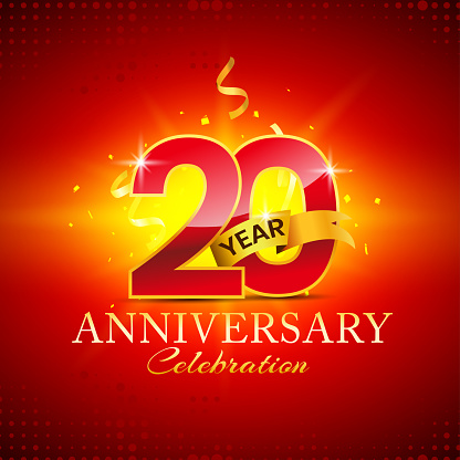 20 year anniversary celebration design with 3d numbers, ribbon and confetti design elements, vector illustration