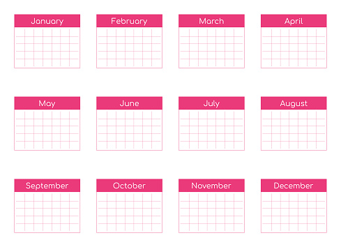 Vector illustration of a year calendar with all months and copy space to add days, notes and other designs. Cut out design elements on a transparent background and editable strokes.