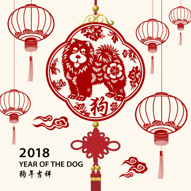 Year of the Dog Pendant Celebrate the Chinese New Year in the year of the Dog 2018 with decoration of lanterns, lucky pendant, cloud, and dog in the background, the Chinese calligraphy means best wishes for the year to come! chinese year of the dog stock illustrations