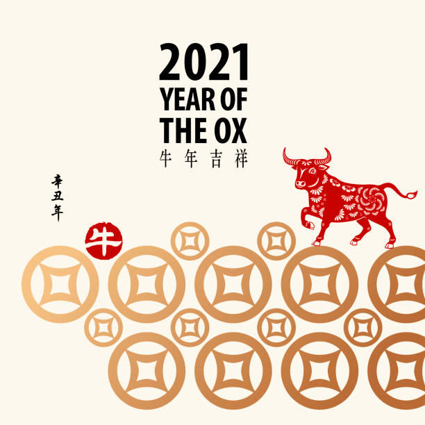To Celebrate Chinese New Year with red ox paper art and gold colored ancient dollar symbol for the Year of the Ox 2021, the Chinese phrase means wish you luck in the Year of the Ox, both vertical phrase and the red stamp means Year of the Ox